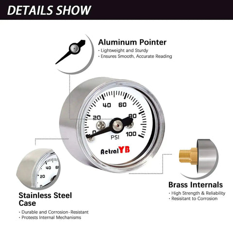 Compact One Inch Pressure Gauge Zero To One Hundred Psi For Coffee Machines Water Pumps And Air Compressors Stainless Steel Case One Eighth NPT Back Mount Handy Mini Gauge For Tight Spaces And Precise Readings