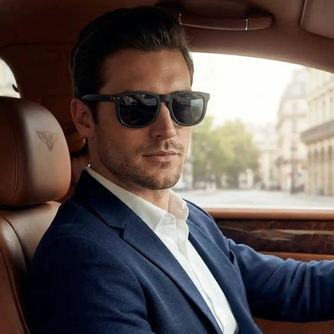 Man wearing Retro Wood Polarized Sunglasses With Bamboo Case For Men And Women Unique Natural Wood Frames Ebony Finish