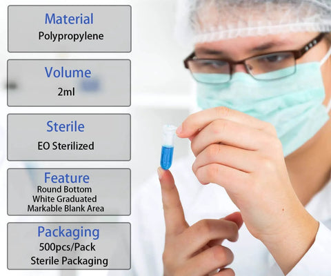 BKMAMLAB 2ml microcentrifuge tubes, polypropylene, EO sterilized, round bottom with markable blank area, 100 pcs