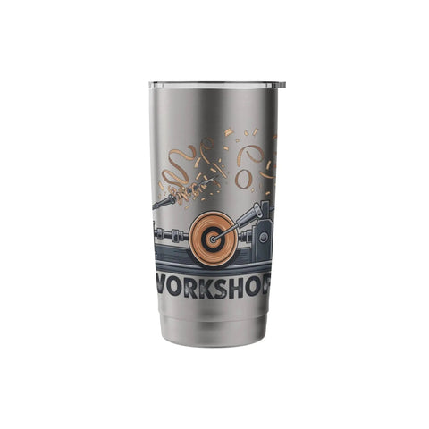 Woodturner Inspired Stainless Steel Insulated Tumbler For Lathe Work Lovers And Makers Keeps Beverages Hot Or Cold With Dual Wall Design For Woodturning Hobbyists And Craftsmen In The Workshop, featuring lathe graphics on the side.
