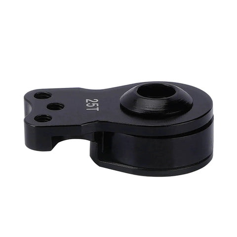 Close-up of DJX aluminum 25T servo horn, black, 3-hole, hi-torque for 1/8–1/10 RC cars/boats