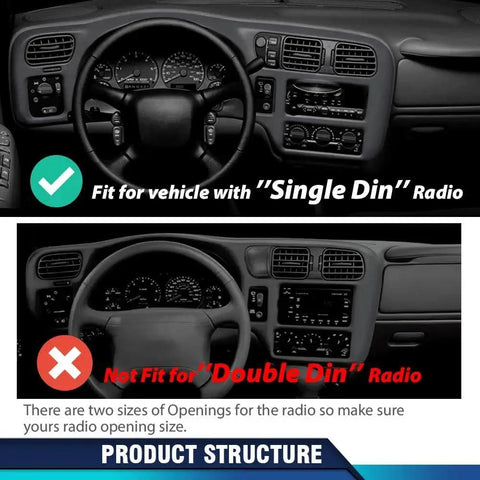 Dash Bezel Replacement For 1998-2004 Blazer Jimmy S10 Bravada Single Din Radio, showing fit and non-fit comparison for single and double din.