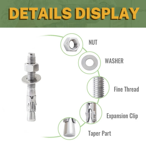 Details display of 304 Stainless Steel Concrete Anchor Bolts Three Eighths Inch By Three Inch Wedge Anchors, 20 Pack