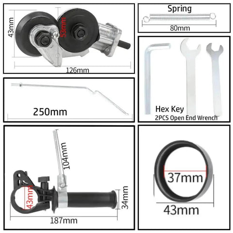 Dimensions and components of Drill Shears Attachment For Cutting 0.3 To 1.0 mm Metal Sheets including wrench and spring.