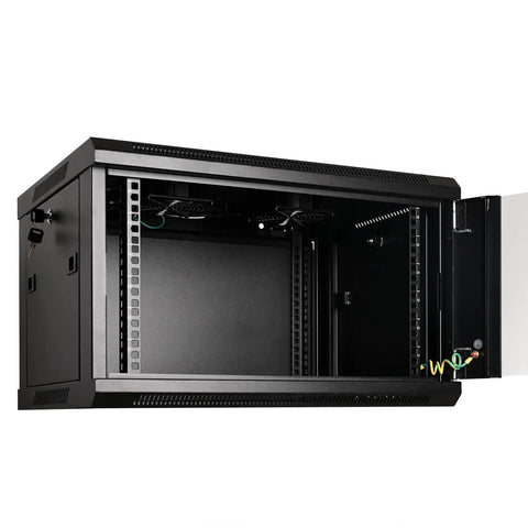 6U Wall Mount Server Cabinet Enclosure With Quiet Cooling Fans 2x, Brush Cable Management Panel, Adjustable Rails, Black Finish