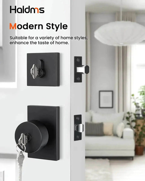 Matte Black Exterior Door Lock Set With Deadbolt, Built To Last, Front Door Knob With Lock And Key, in modern living room setting.