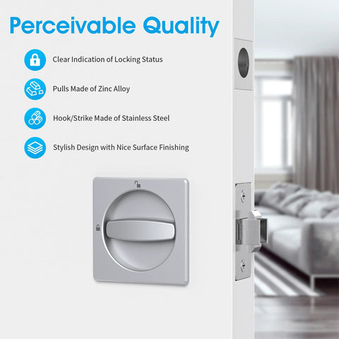 Boss Square Pocket Door Lock With Edge Pull And Flush Pull Sturdy Privacy Bifold And Cavity Sliding Door Hardware With Latch Zinc Alloy Fingermark Proof Finish In Satin Chrome installed on door