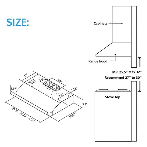 Technical diagram of a 42 Inch Under Cabinet Range Hood With 900 CFM Dual Motors, showing dimensions and installation guide.