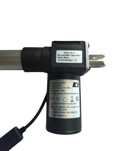 Power Recliner Motor Replacement Linear Actuator KDFSJ4036, aluminum body, 29V DC, side view showcasing labels