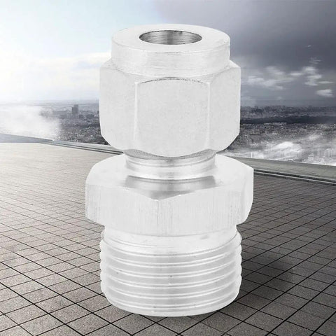 Front view of a 304 stainless steel double ferrule pipe fitting with M20x1.5 thread and 8 mm bore