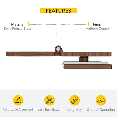 Side view of Adjustable Square Glass To Wall Clip with solid forged brass construction and antique copper finish backplate