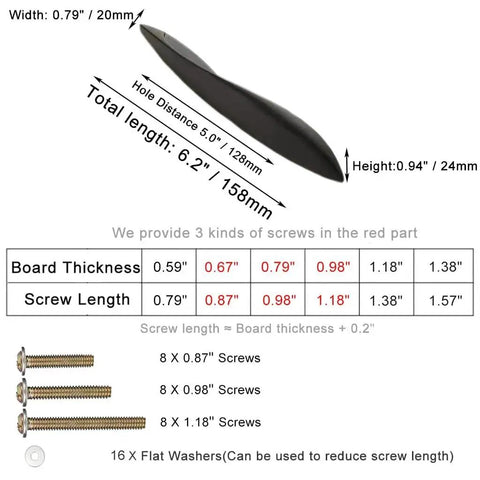 Arcuate Pulls S Shaped Cabinet Handles 5 Inch Center Matte Black Solid Zinc Alloy with screws and dimensions chart.