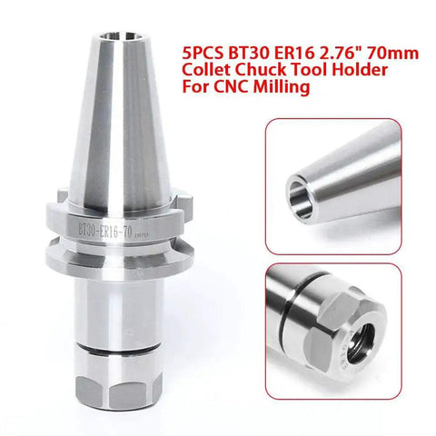 Five Piece BT30 ER16 Collet Chuck Tool Holder Set for CNC Mills and Drills, 2.76 Inch 70mm Shank, ER16 Precision Chucks.