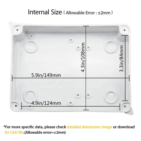 Internal view of Rugged Outdoor IP65 Weatherproof Dustproof Junction Box For Electronics Enclosures Made Of ABS Plastic White showing dimensions