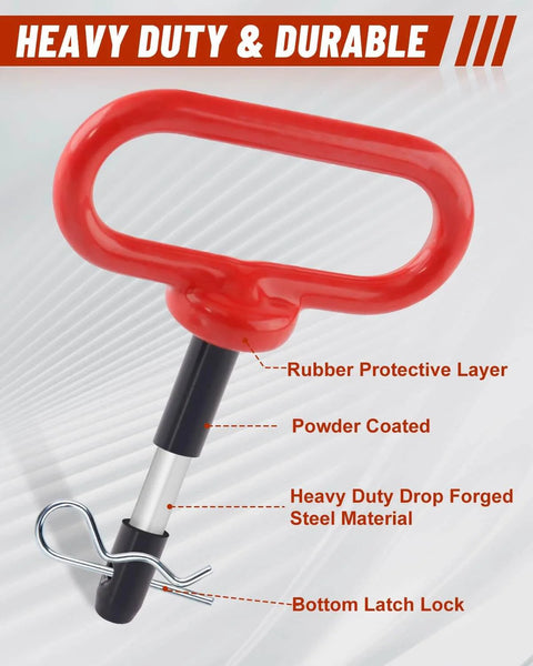 Close-up of Two Pack Half Inch By Three Inch Trailer Hitch Pin with Clip and Rubber Coated Handle, red grip, black coated shaft.