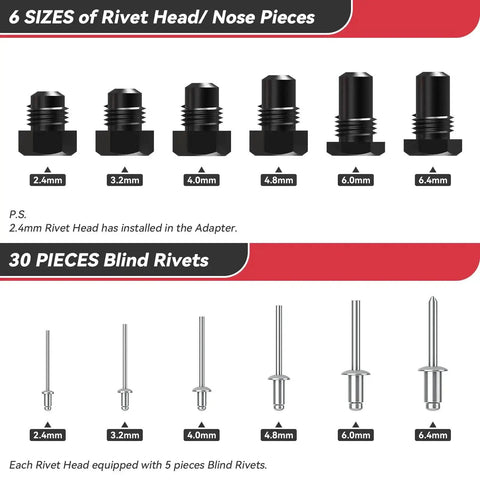 Cordless Rivet Gun Adapter Kit For Drills Electric Rivet Drill Adapter with 6 interchangeable heads and 30 blind rivets