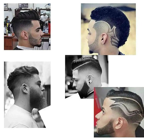 Various men's hairstyles showcasing detailed beard shaping and edgy hair designs