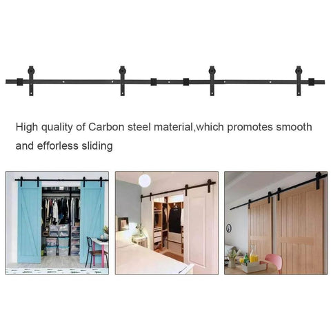 Double barn door rail system with inline three section splicing for rock solid alignment installed on closet and cabinet fronts.