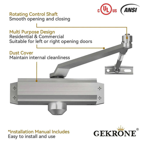 Heavy Duty Automatic Door Closer With Spring Hydraulic Action, Aluminum Alloy Body, Surface Mounted, Fire Resistant And ANSI UL Certified