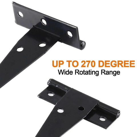 Eight 4-Inch T-Strap Door Hinges With Mounting Screws, Heavy Duty Iron Hinges For Barn Doors Gates Sheds, 270-degree rotation view