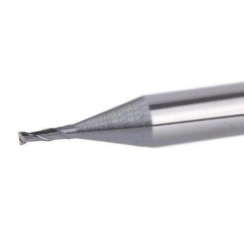 Close-up of Five Piece Flat Nose Double Flute Carbide End Mill with 1/8 inch shank and 1/32 inch cutting diameter, TiAlN coated.