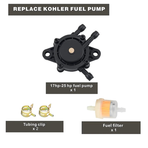 Replacement Fuel Pump Kit For Lawn Mowers And Garden Tractors Fits Briggs And Stratton 597338 808492 Kohler 17Hp To 27Hp Engines Kawasaki Cub Cadet Craftsman Gas Vacuum Pump Includes Vacuum Filter And Mounting Hoops shown with fuel pump, tubing clips, and fuel filter.