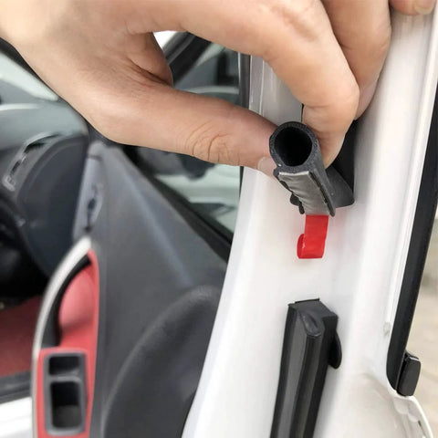 Hand installing Rugged D Shape Heavy Duty Weather Stripping 3/8 Inch By 1/4 Inch Rubber Seal Weatherstrip Hollow for car door.