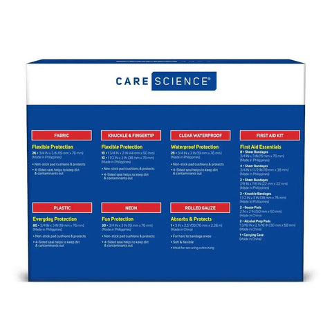 Back of CarePak 203 Piece Bandage Variety Pack box showing bandage types and first aid kit content details.