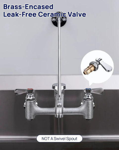 Heavy Duty Wall Mount Mop Sink Faucet With Vacuum Breaker showing chrome brass and leak-free ceramic valve, no swivel spout