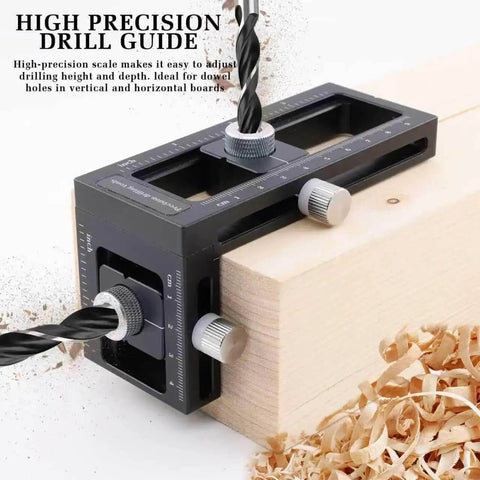 Upgraded 2-In-1 Drill Guide Positioning Clamp With Self Centering Clamp Graduated Aluminum Woodworking Tool Featuring 8 Drill Bushings 3-10mm Vertical Multi Angle Jig For Precise Straight Holes And Pro Grade Accuracy, mounted on a wooden block with precision scale visible.