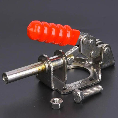 Toggle Clamp Quick Release Push Pull Type Beefy Heavy Duty Clamp With 300 Lbs Holding Capacity and steel parts displayed on a black background.