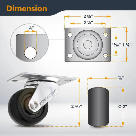 Dimensions of 2 Inch Swivel Caster Wheels Set Of 4 With 160 Lbs Total Load Capacity Heavy Duty Plate Casters Rubber Wheels.