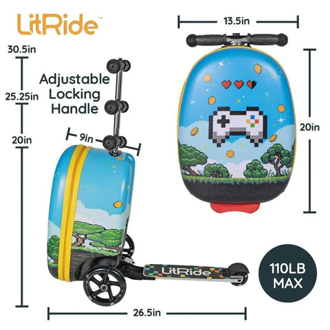 Kids Ride On Luggage With Built In Scooter featuring pixel art design, adjustable handle, and LED light up wheels, shown side and front view.