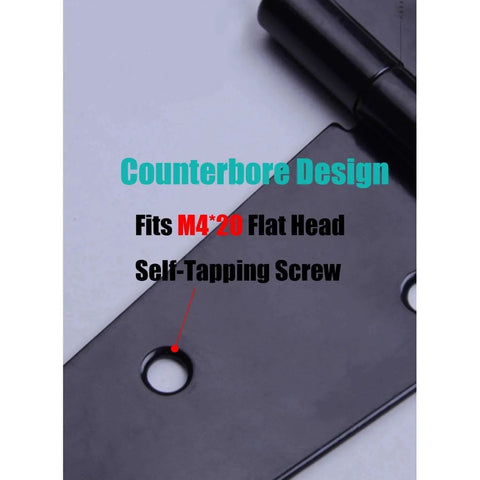 Close-up of 4 Inch Strap Hinges Heavy Duty Rustproof with counterbore design for M4 x 20 screws, black finish