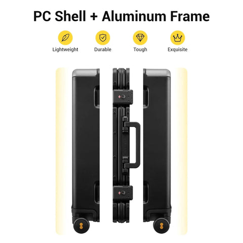 Side view of Zipperless Carry On Luggage With Aluminum Frame And Hard Shell Airline Approved 20 Inch Black Spinner Suitcase
