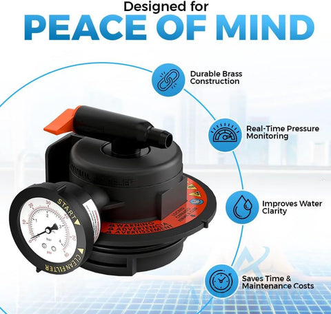 Aquatonics DEX2420MAR2 manual air relief valve with gauge and O-rings, black body and orange lever for pool filters.