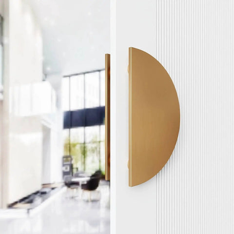 Side view of Half Round Pull Handle Double Sided Heavy Duty Aluminum Push Pull Handle in gold finish on a wooden door.