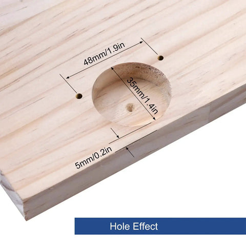 Close-up of wood showing a 35mm hinge hole with marked dimensions, demonstrating use of 35mm Hinge Boring Jig Kit For Precise Door And Cabinet Hinge Installation, 1.4 Inch Woodworking Drill Guide, Pro Grade ABS And Alloy Steel Locator Set With Quick Clamp And Replacement Drill Sleeves For Fast And Accurate Mounting.