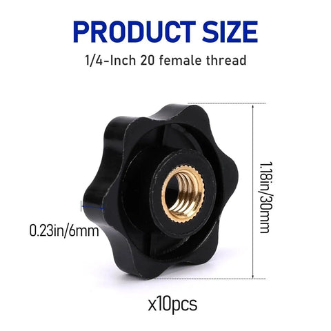 Set Of 10 Six Star Knobs 1/4-20 Hex Head T Knobs For Clamp Jigs And Fixtures, black star knob with brass insert