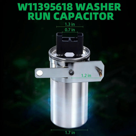 Washing machine run capacitor replacement unit with silver cylindrical can and black plastic connector mounted on a metal bracket.