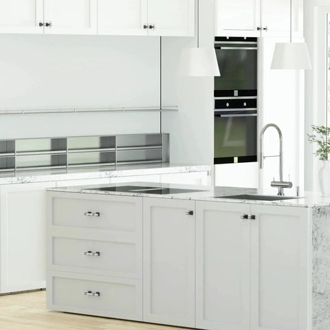 Modern kitchen with Ten Pack White Marble Grain Kitchen Cabinet Knobs With Black T Bar Hardware on drawers and doors.