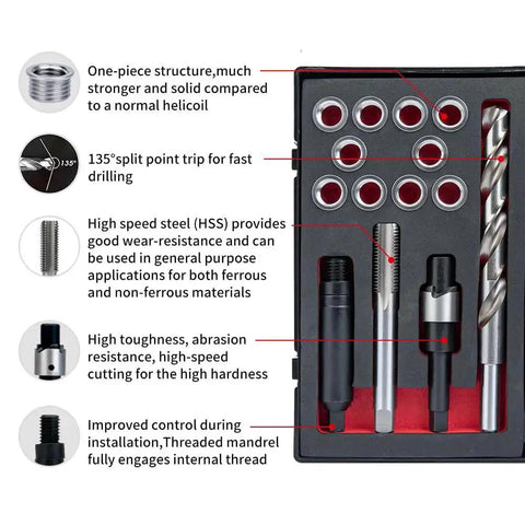 M12X1.5 Thread Repair Kit With Stainless Steel Inserts For Stronger Threads Includes Drill Tap Counterbore Install Driver And Ten Inserts In A Custom EVA Case For Quick Easy Repairs, kit components labeled