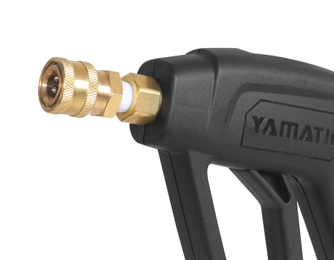 One Quarter Inch Quick Connect Pressure Washer Adapter Socket to Male MNPT One Piece Easy Hookup Brass Fittings Up To Five Thousand PSI Compatible With Most Quick Disconnect Systems And Heavy Duty Hoses attached to spray gun