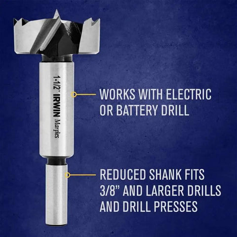 Forstner Bit from 14-Piece Forstner Bit Set for Woodworking by IRWIN Marples Pro Grade shown with reduced 3/8" shank.