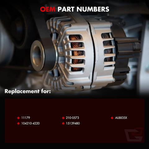 Beefed Up 135 Amp 12 Volt Alternator Replacement For GM Vehicles Including Impala Monte Carlo Buick LaCrosse Pontiac Grand Prix 2005 2009 V8 Fits 104210 4220 210 0573 AL8835X close-up view.