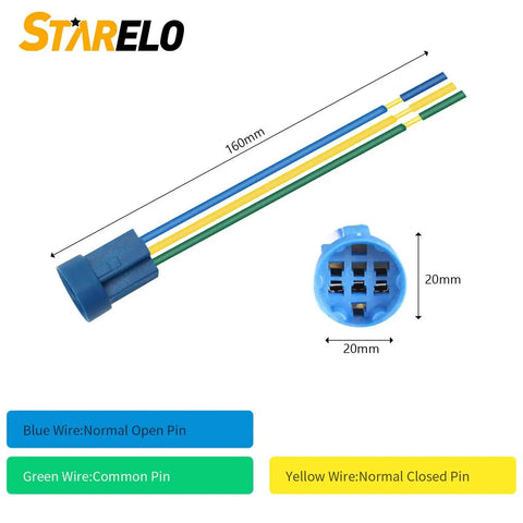 Diagram showing wiring for star-shaped blue connector with 160mm blue, yellow, and green wires, labeled normal open, closed, and common.