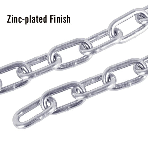 Close-up of zinc-plated finish on 27 Inch Trailer Safety Chain Kit With 5/16 Spring Hook Grade 30 7000 Lb Capacity Zinc Plated SAE Compliant Pack Of 2