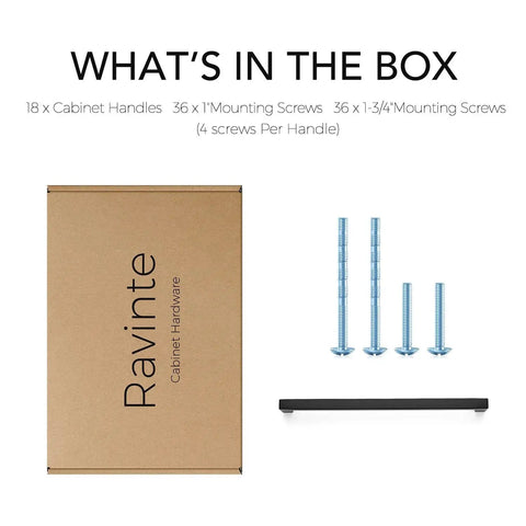 Package contents for 18 Pack 8-4/5 Inch Square Cabinet Handles Matte Black Pulls including screws and box; easy install hardware set.