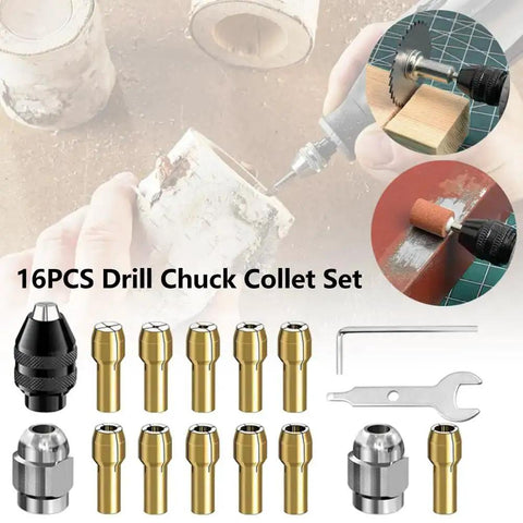 16Pcs Drill Chuck Collet Set with 0.5mm to 3.2mm brass collets, 3 drill chucks, 2 wrenches, rotary tool attachments shown in use