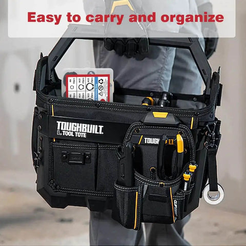 Person carrying a black Toughbuilt tool tote filled with a 455 Piece E Clip Snap Ring Kit Set With External Retaining Rings.